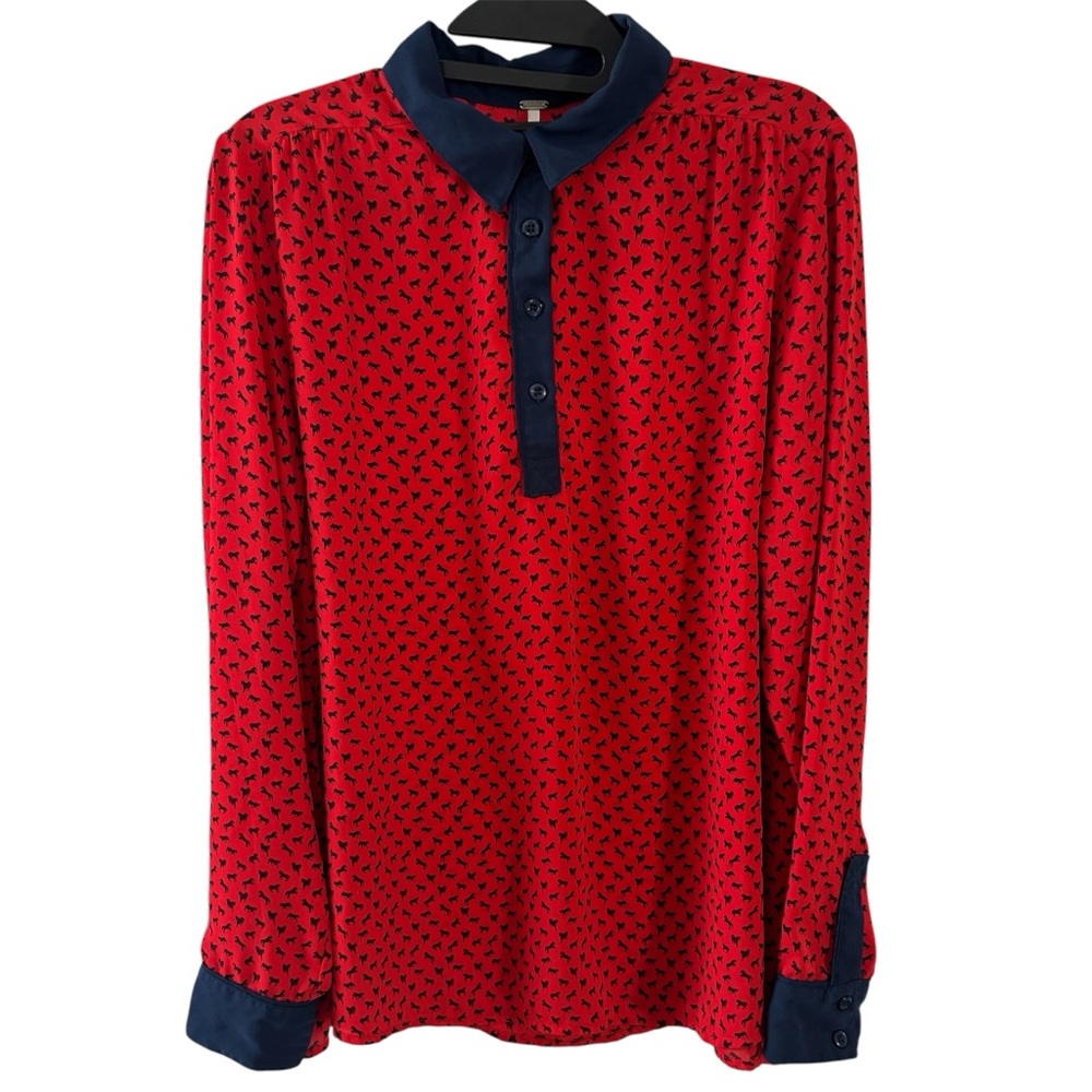 Free People Red and Blue Horse Print Boyfriend Chiffon Blouse Sz M